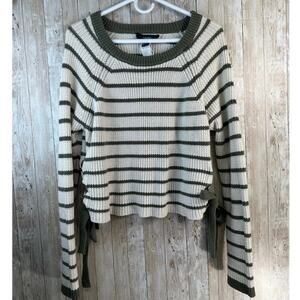 Forever 21 Sweater Women‎ L Beige Green Striped Raglan Side Tie Sweater Cropped